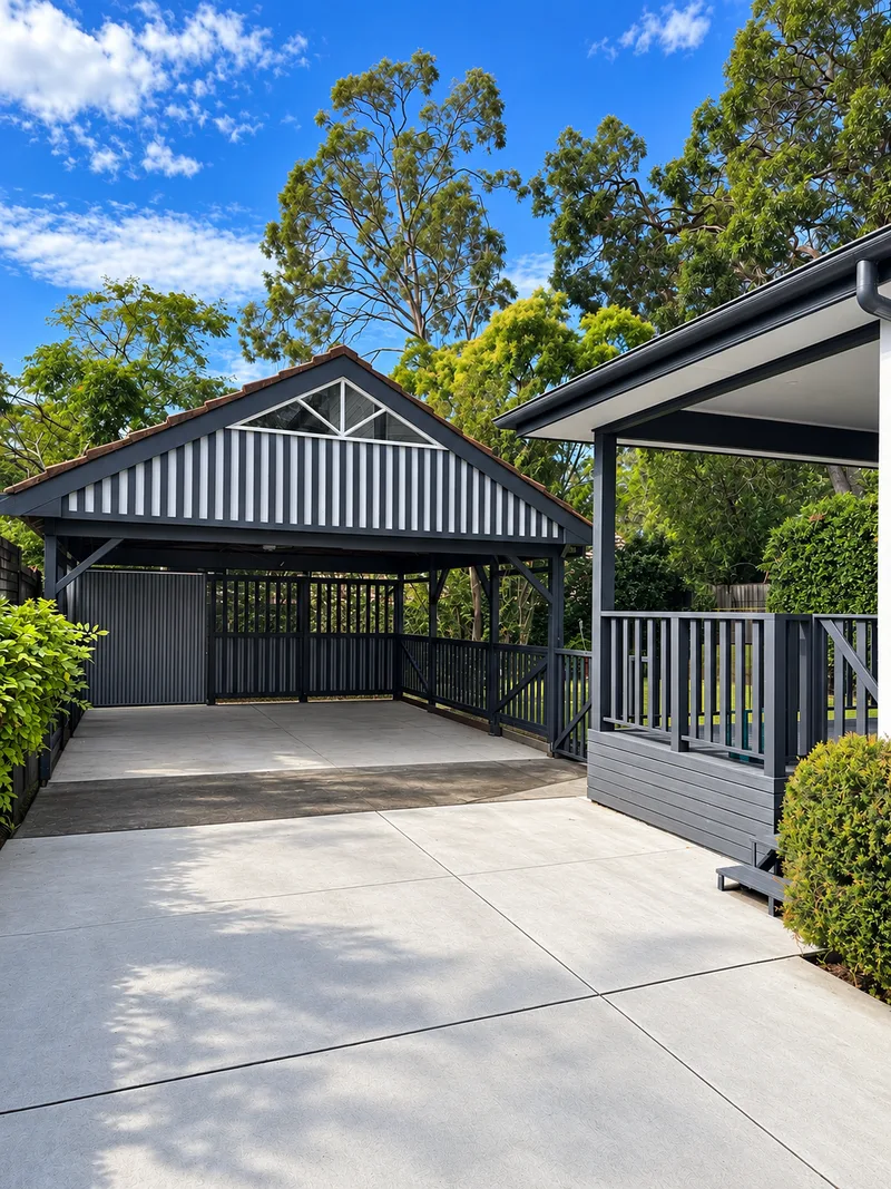 Repainted charcoal carport with vertical slat infill beside a concrete driveway at Oatley